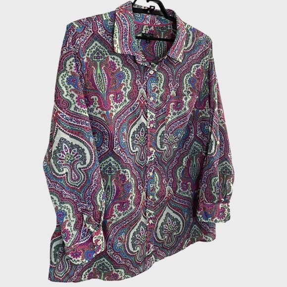 Talbot Paisley Long-Sleeve Button-Up Shirt Multicolor Women's 2X Roll-Tab Casual - Picture 3 of 13